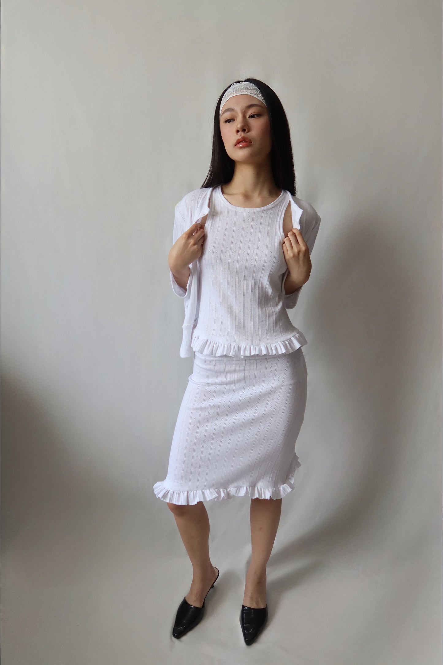 ANA POINTELLE CARDIGAN, WHITE